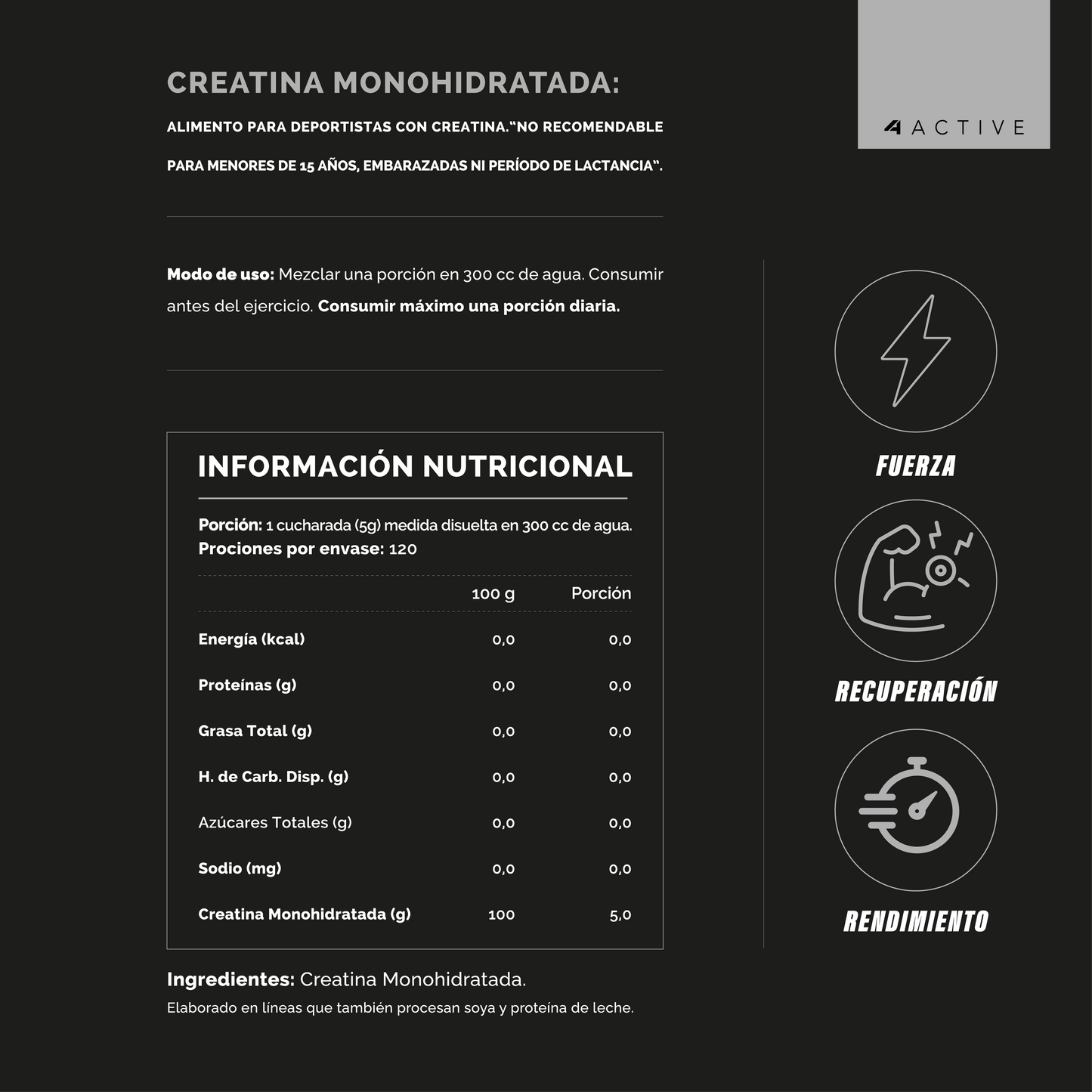 4Active Creatina Monohidrato 100% Pura | 120 Servicios