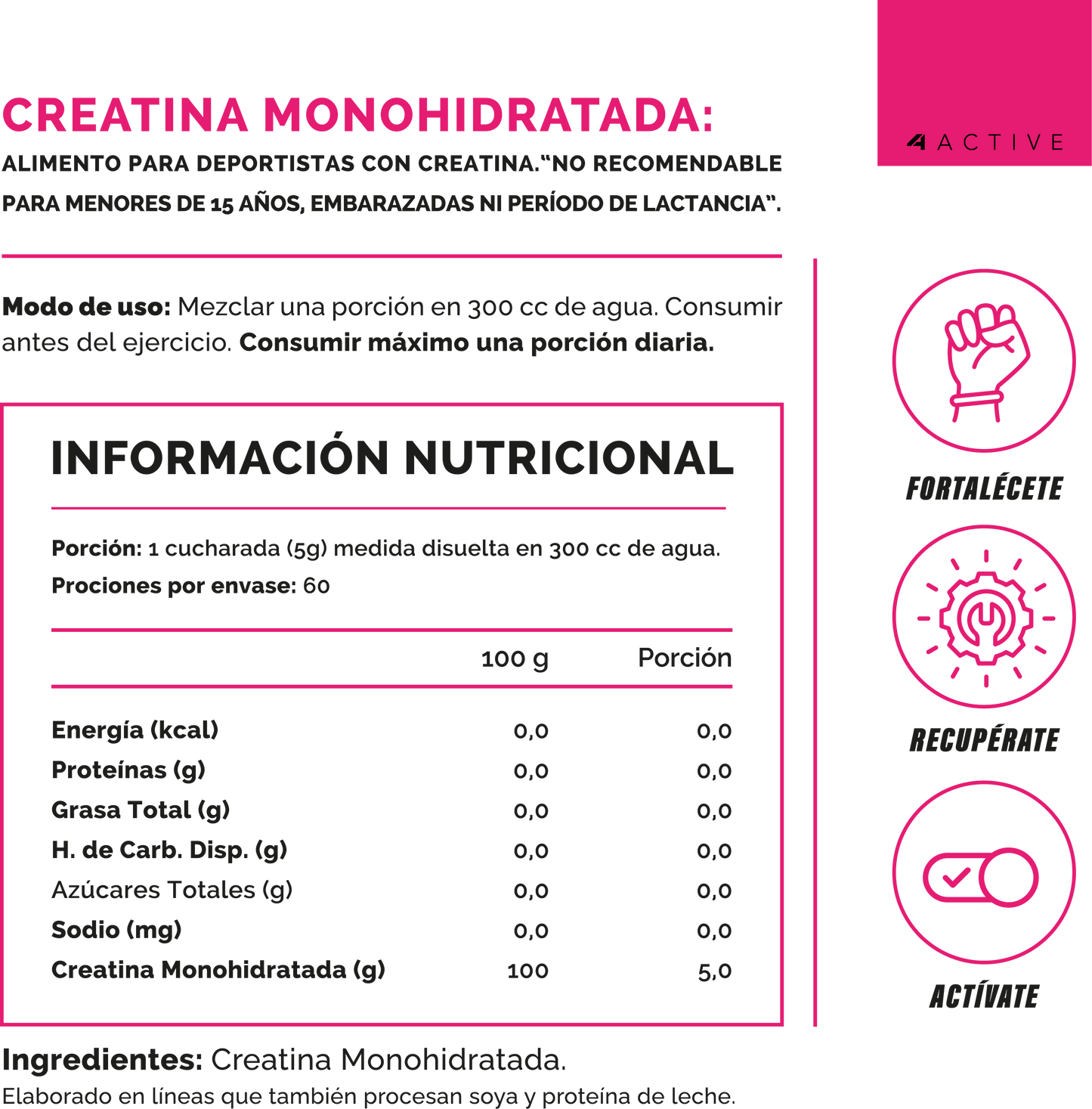 Creatina 4Active Monohidratada 100% Pure Woman | 60 Servicios