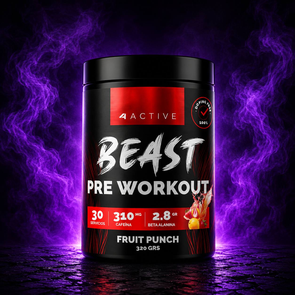 4Active Beast Pre-Entreno | 30 Servicios | 310 mg Cafeína