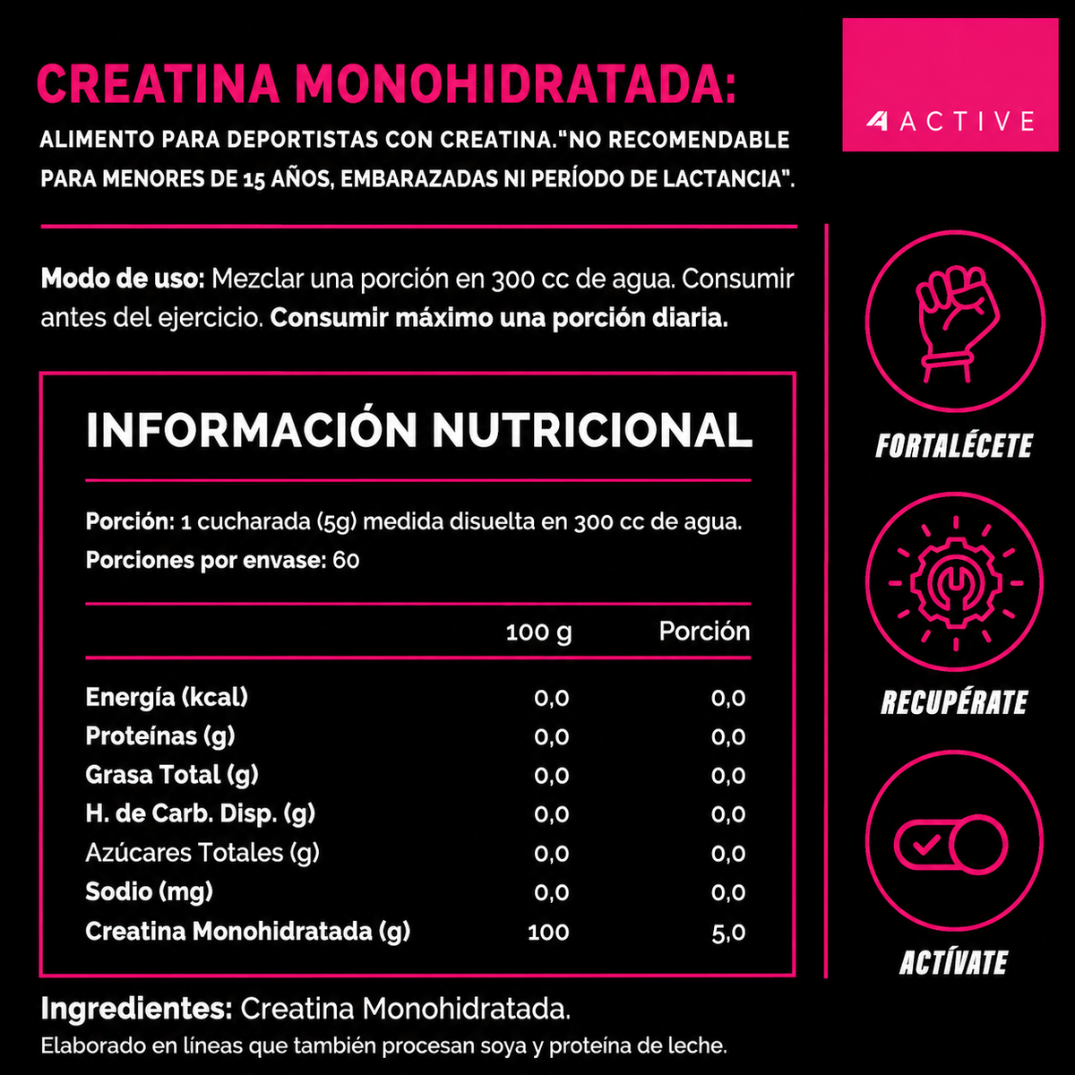 Creatina 4Active Monohidratada 100% Pure Woman | 60 Servicios